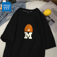 真维斯（JEANSWEST）宽松短袖t恤男士夏季新款纯棉百搭上衣服青少年学生港风潮流半袖 黑色 橙帽字母 M