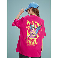 B.Duck小黄鸭短袖T恤女2023年夏季新款宽松时髦潮流艺术火龙果色t 玫红色 M