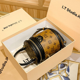MIRGAM KOSEL香港代购真皮设计圆柱形水桶包女饭桶圆筒包斜挎女520情人节礼物 咖啡色小号