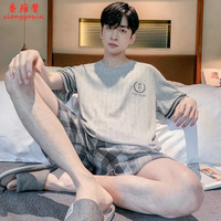 香雅馨睡衣男夏季薄款纯棉短袖短裤2023年新款大码夏天青少年男士家居服 31442灰格子 L码90-120斤