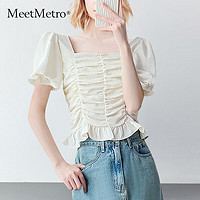 MeetMetro玛依尔2023夏新款时尚方领荷叶袖设计感减龄气质衬衫女 米白 XL