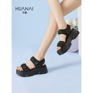 华耐（huanai）个性潮流运动凉鞋百搭休闲露趾凉鞋女 15213015 黑色 35