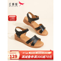 红蜻蜓 RED DRAGONFLY夏季女鞋2023夏季新款真皮女凉鞋舒适妈妈凉鞋坡跟女凉鞋WTK23336 黑色 35