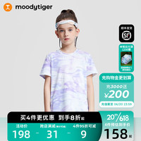 moodytiger女童T恤2023夏季新款中大童印花个性背开叉速干短袖T恤 光次元紫 120cm
