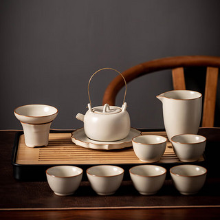 瓷牌茗茶具（cipaiming teaset）米黄汝窑功夫茶具套装整套陶瓷茶壶开片可养盖碗轻奢高档喝茶中式 米黄汝窑《富贵壶盖碗》11件套