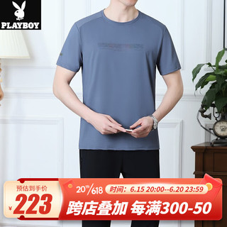 花花公子（PLAYBOY OUTDOOR）爸爸夏装冰丝短袖长裤运动套装中老年男士夏季薄款t恤休闲运动服 KZQ-83505 子夜兰 L(建议120斤以下)