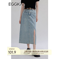 EGGKA 拼接侧开衩牛仔半身裙夏季2023年新款设计感休闲百搭长裙子 浅蓝色 M