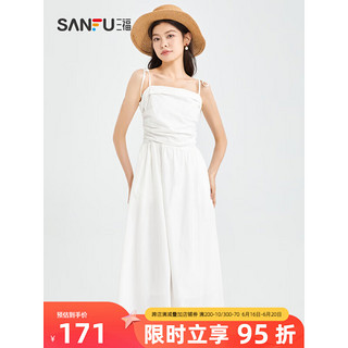 三福连衣裙2023夏褶皱设计时尚气质收腰吊带裙子女装471112 白色 160/84A/S