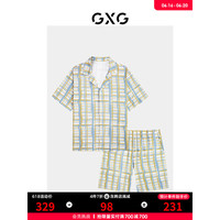 GXG睡衣男款夏季男士家居服翻领格纹短袖短裤套装 2023新款 白底绿格 170/M