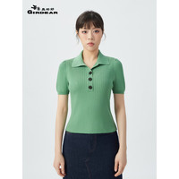 哥弟真的好(GIRDEAR)女装2023夏季新款竖坑条小泡泡短袖冰丝POLO针织衫女T恤A301243 糖果绿 XL(5码)