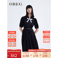 OBEG欧碧倩23夏新款法式复古优雅压褶撞色蝴蝶结连衣裙10442108 黑色 155/XS/34