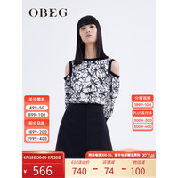 OBEG欧碧倩23夏新款复古文艺露肩设计感印花衬衫10442109 黑花 155/XS/34