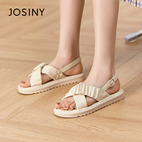 JOSINY 卓诗尼 凉鞋女休闲百搭一字带凉鞋露趾外穿低粗跟套脚女鞋 米白色 35