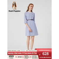 Hush Puppies暇步士女装2023秋季圆领收腰显瘦条纹连衣裙女七分袖 368蓝白 XS