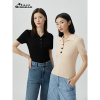 哥弟真的好(GIRDEAR)女装2023夏季新款竖坑条小泡泡短袖冰丝POLO针织衫女T恤A301243 黑 S(2码)