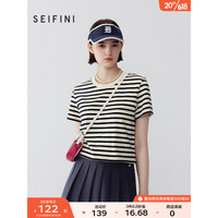 诗凡黎（'SEIFINI）条纹T恤女2023夏新款正肩显瘦内搭打底体恤撞色短袖上衣女 黑藏青 155/80A/S