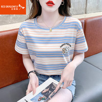红蜻蜓 RED DRAGONFLY纯棉条纹t恤女短袖女装2023年夏季新款刺绣宽松休闲圆领上衣潮ins 蓝色短袖 S