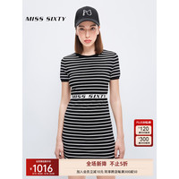 MISS SIXTY2023夏季新款毛织连衣裙女圆领短袖黑白条纹弹力修身