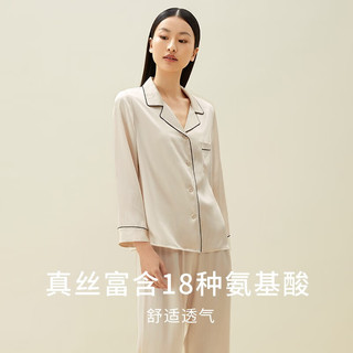 金三塔睡衣女真丝100%桑蚕丝可外穿美肤养肤长袖衣裤套睡衣家居服 白玉兰色0608 XL