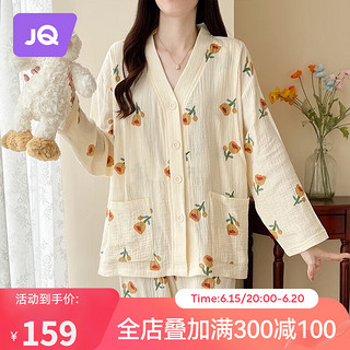 婧麒（JOYNCLEON）月子服纱布纯棉夏季薄款吸汗哺乳喂奶孕期产后睡衣家居服套装 V领-杏色小黄花0309-1 XXL码(140-165斤)