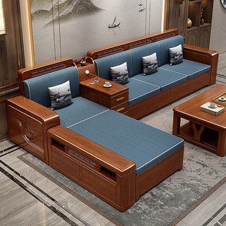 贵妃进口胡桃木沙发现代中式实木布艺组合沙发客厅实木沙发可储物 储物款1+2+3+茶几+方几+电视柜