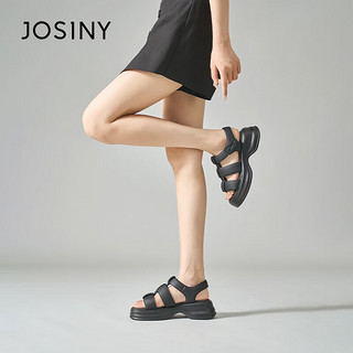 卓诗尼（Josiny）厚底凉鞋女2023年夏季新款魔术贴增高休闲百搭度假罗马沙滩鞋女 黑色 34