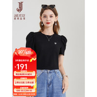 經典故事(JANE STORY)经典故事洋气正肩T恤短袖夏季2023新款时髦黑色法式泡泡袖上衣女 R05黑色 160/84A/M