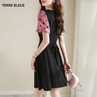 TERRE BLEUE法式连衣裙夏季收腰气质显瘦小个子泡泡袖A字裙子女 粉红色 S
