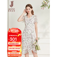 經典故事(JANE STORY)优雅气质碎花连衣裙女夏季2023新款修身茶歇裙子法式V领雪纺裙 S13米杏粉花 155/80A/S
