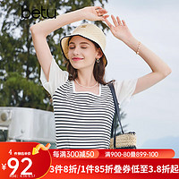 百图betu女装2023夏季新款T恤法式方领条纹拼接网纱短袖T恤女2306T19 黑白条 M