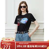 唐可娜儿（DKNY）2023春夏新品女复古撞色邮戳印花休闲短袖T恤显瘦女装 黑色 M(160/84A)