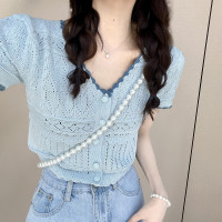 stylecloth 诗可洛 镂空短袖漂亮t恤女夏装薄款开衫短款v领上衣减龄洋气甜美小衫