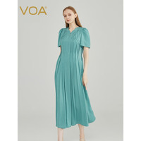 VOA桑蚕丝22姆米暗纹提花花瓣领信封褶珍珠扣短袖淑女连衣裙 AE2197 午后椰蓝(A14) 155/S