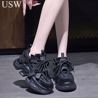 USW老爹鞋女2023新款春季百搭欧货运动鞋女时尚轻便厚底增高休闲鞋女 黑色 40