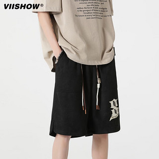 viishow2023重磅短裤男士夏季新款麂皮绒宽松透气美式潮牌休闲五分中裤 黑色 2XL