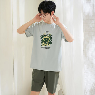三针睡衣男士纯棉短袖t恤夏季薄款两件套装可外穿家居服青少年休闲 灰绿 L/建议100-120斤