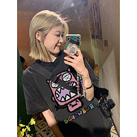 風采兔 100%纯棉童趣搞怪小怪兽印花短袖t恤女夏宽松落肩hiphop美式上衣 深灰 L