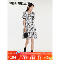 TOYOUTH 初语 新中式复古印花v领短袖连衣裙2023夏季新款高级感气质中长裙 白底黑花 M