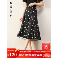 SENTUBILA 尚都比拉 复古浪漫印花百搭通勤设计感A字裙显瘦中长款半身裙 黑底花色 S