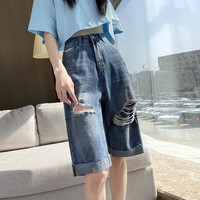 茹轩破洞牛仔短裤女2023年新款夏季薄款裤子高腰宽松直筒卷边五分中裤 蓝色 26