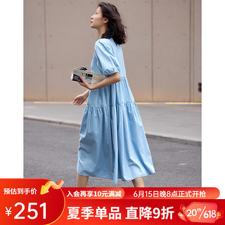 德玛纳（dme）2023套头连衣裙女夏季新款慵懒风显瘦休闲中长裙子 浅蓝色 S