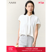 AMII2023夏新款极简纯色超宽松连肩短袖抽绳连帽中长雪纺衫女 米白 160/84A/M
