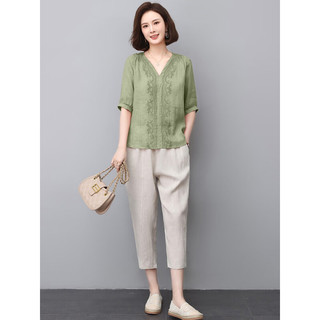 衣典零一（LEDIALYI）时尚洋气减龄棉麻套装女2023夏季女装新款中年休闲裤子女七分裤装 灰粉色 M（建议95-115斤）