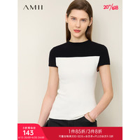 AMII2023夏新款半高领撞色拼接修身显瘦毛针织衫女小盖袖短袖上衣 黑白 155/80A/S
