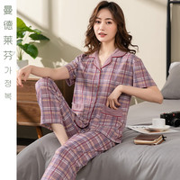 曼德莱芬睡衣女2023新款夏季纯棉短袖长裤中年中老年人妈妈全棉家居服套装 2507 L码建议