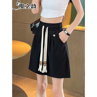 魔之韵夏季松紧高腰薄款运动短裤女学生宽松休闲显瘦a字阔腿五分裤子531 黑色 S(75-80斤左右)