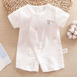 迪士尼夏季婴儿纱布哈衣宝宝薄款连体衣爬服新生儿短袖空调衣服 158463短袖纱布开裆哈衣 三色随 100
