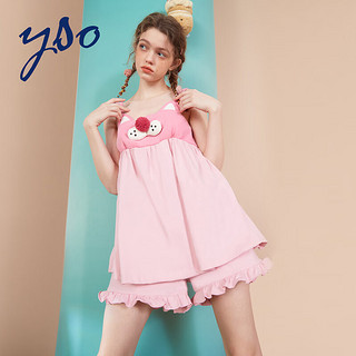 YSO夏季睡衣女吊带方领猫耳套装甜美可爱可外穿家居服 粉红女套 S