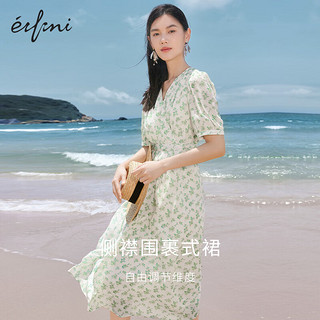 伊芙丽（eifini）伊芙丽碎花气质甜美V领收腰连衣裙2023夏装新款显瘦别致茶歇裙子 浅绿 160/84A/M