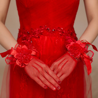 乔芈新娘结婚手套 白色红色婚纱礼服短款手套长款蕾丝网纱缎面礼仪 特 1020-红色